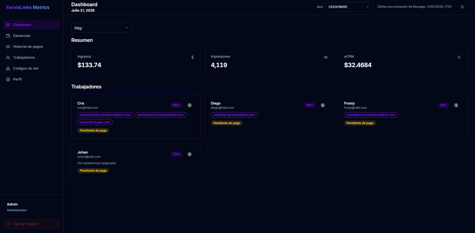 Screenshot de XerviaLinks Metrics